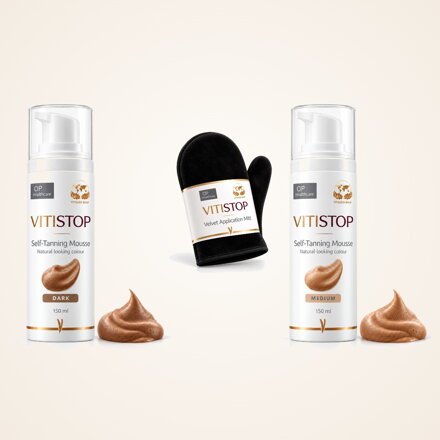 Vitistop önbarnító hab és Velvet applikációs kesztyű a vitiligo álcázásához