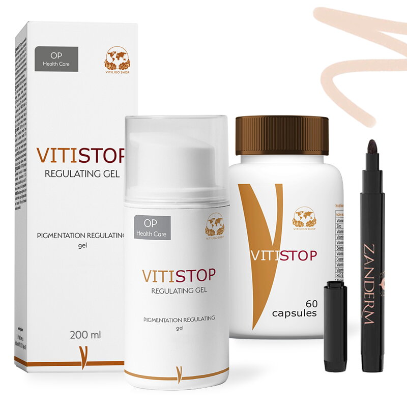 Vitiligo Indulócsomag (200 ml Gél, 60 db Tabletta és Zanderm Korrektor) Vitiligo Indulócsomag (200 ml Gél, 60 db Tabletta és Zanderm Korrektor)